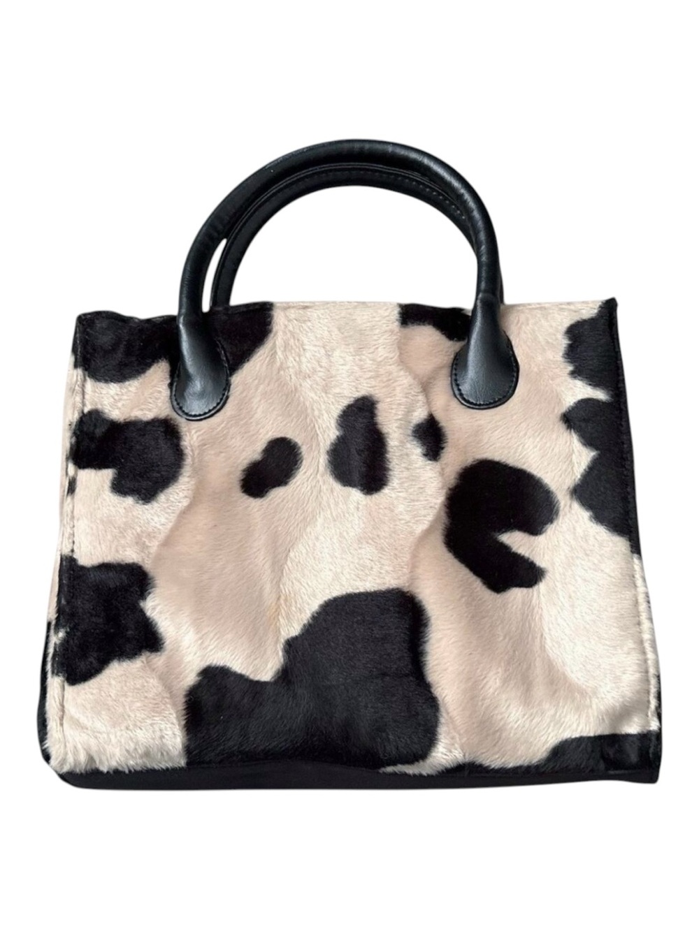 Cow Print Faux Fur Satchel Handbag Black Beige Top Handle Purse Animal Print